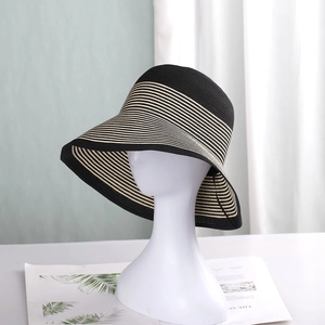 French retro striped straw sun hat with wide brim for summer travel and UV protection