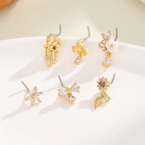 L-Shaped Copper 18K Gold Plated Zirconia Nose Studs For Women Personalized Flower Star Moon Butterfly Bowknot Piercing Jewelry