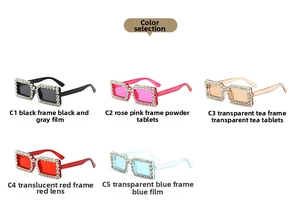 Close-up of five colorful square rhinestone sunglasses with crystal frames on white backdrop