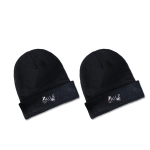 Set of two black knitted beanies with colorful rainbow stars and SMILE embroidery