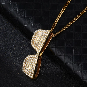 Hip Hop Stainless Steel Sunglasses Pendant Necklace For Men Women Gold Plated Pave Rhinestone Fashion Jewelry Fine Chain