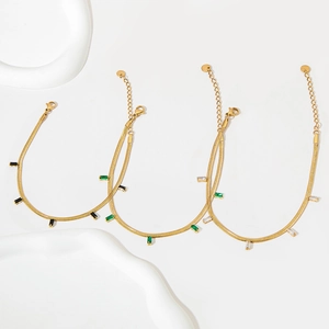 Gold-plated stainless steel snake chain anklets with black, green and white zircon charms