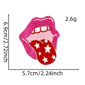 Detailed view of pink mouth and star tongue embroidered patch with size dimensions