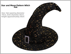 Detail of black wizard hat with gold moon and star patterns and silver glitter buckle