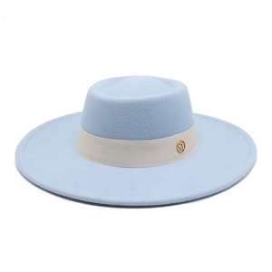 Light blue flat top wool felt fedora hat with wide brim and white ribbon band