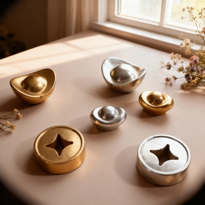 Traditional Chinese gold and silver sycee ingots with star-pattern coins for home decor
