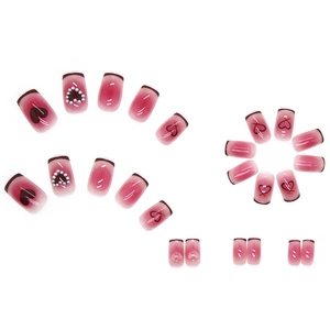 Pink purple gradient press-on nails set with heart patterns and faux pearls decoration