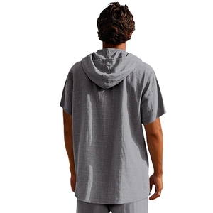 Detailed back view of a men's relaxed-fit linen blend hooded henley shirt in grey