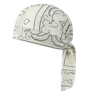 Detail view of off-white paisley pirate hat with breathable quick-dry fabric and ties