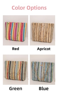 Four grid layout showcasing colorful woven bucket bags with elegant metal chain straps