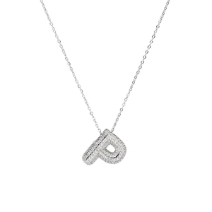Macro shot of silver bubble letter P pendant with micro-pave cubic zirconia on chain