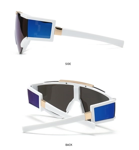 Side and back view of white oversized sports sunglasses with blue and gold metal details