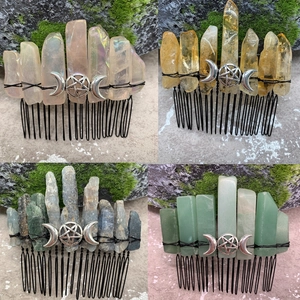 Natural Crystal Hair Comb Triple Moon Pentagram Raw Stone Handcrafted Bohemian Wicca Mystic Witchy Headpiece Accessory