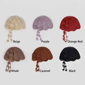 Handmade crochet beret hats in six colors with 3D floral details and retro tassels