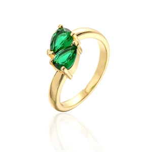 Close-up of 18K gold plated ring featuring dual pear-cut green zircon gemstones