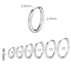 Titanium steel hoop earrings set with varied sizes from 8mm to 20mm in silver finish