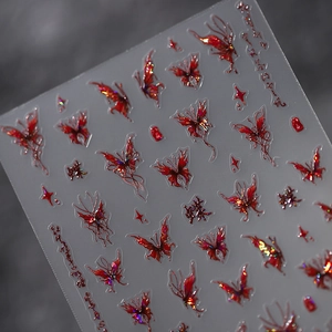 3D embossed red butterfly nail decals with holographic Chinese calligraphy and laser finish