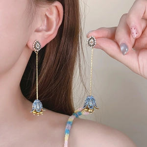 Vintage gold and blue enamel flower drop earrings with rhinestones for a luxury look