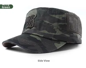 Army green military flat top cap featuring breathable side mesh and vintage letter B embroidery