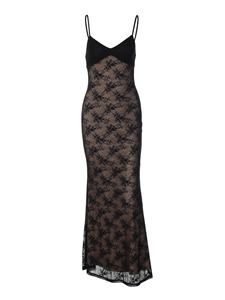 Elegant black V-neck lace patchwork slim fit long dress with delicate spaghetti straps