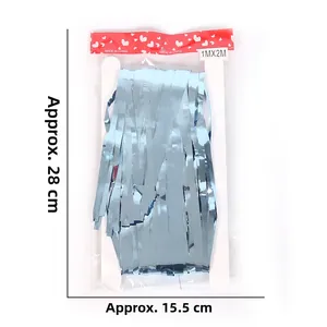 Detailed view of light blue tinsel curtain in 1x2m packaging for party backdrop decor