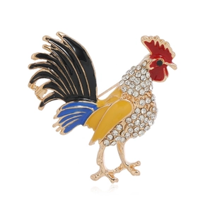 Vintage gold rooster brooch with colorful enamel wings and sparkling crystal rhinestones