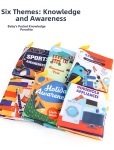 Close-up of 6 educational baby cloth books featuring sports and music themes with yellow straps