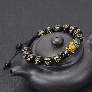 12mm black obsidian beads bracelet with golden Pixiu and Six-Syllable Mantra engraving