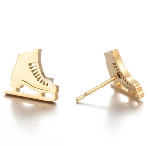 Minimalist golden stainless steel ice skate stud earrings with hollowed detailing