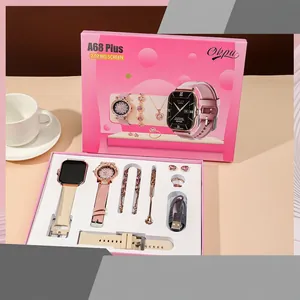 Women Smart Watch Jewelry Set 8-In-1 Rose Gold Rhinestone Fashion Watch Necklace Bracelet Earring Ring Silicone Strap Gift Box