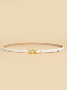 Close-up of white leather belt with gold metal buckle on a beige background