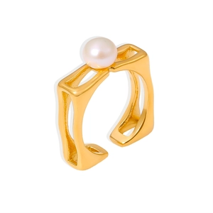 18k gold plated stainless steel square hollow ring with white pearl on white background