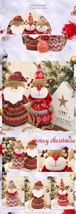 Detail of Christmas plush drawstring bags featuring Santa, reindeer, and snowman designs