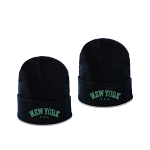 Winter black knitted beanie hat with New York USA embroidery for men and women