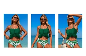Détails du maillot deux pièces avec haut à basque vert foncé et bas imprimé de palmiers