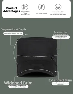 Detail of adjustable flat top cap showing enlarged brim and deep crown for face-framing