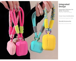 Close-up of vibrant silicone AirPods cases with thick braided lanyards in various colors