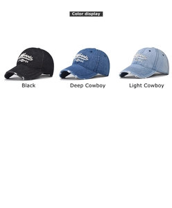 Detailed view of distressed baseball caps with California embroidery and ripped brims