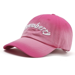 Pink canvas baseball cap with strawberry 3D embroidery and vintage washed texture