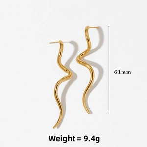 Detail view of 61mm gold wavy drop earrings with size markers and 9.4g weight specification