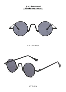 Detailed views of vintage round mini sunglasses featuring black frames and grey lenses