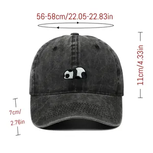 Size guide for panda embroidered washed baseball cap showing head circumference and brim depth