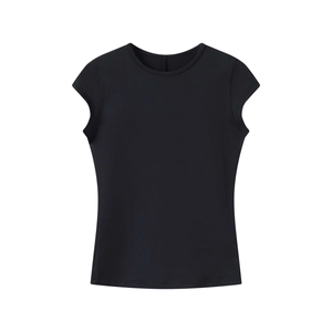 Detailed close-up of a black slim-fit stretch athletic t-shirt with flat-lay texture