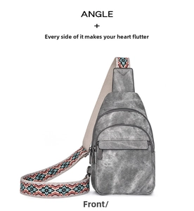 Front view of grey retro chest bag featuring vintage ethnic pattern woven wide strap
