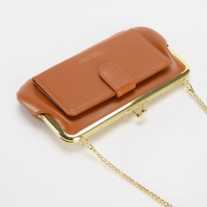 Brown PU leather crossbody phone bag with gold kiss lock and chain strap for women