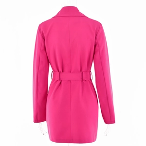 Vue arrière d'une robe blazer fuchsia à manches longues avec ceinture assortie sur mannequin