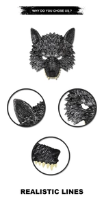 Detailed realistic wolf mask featuring intricate fur textures and sharp fangs for cosplay