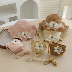 Kids wide brim straw hat and matching bag set with lace flowers for summer beach trips