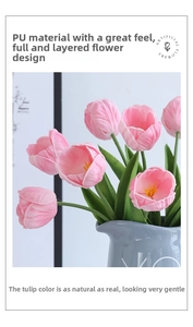 Detail of pink PU tulips with realistic texture in a modern ceramic vase decor