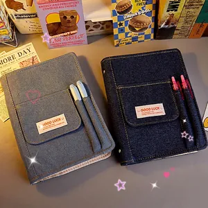 Retro A5 denim fabric loose-leaf notebook with functional pockets and pen holder